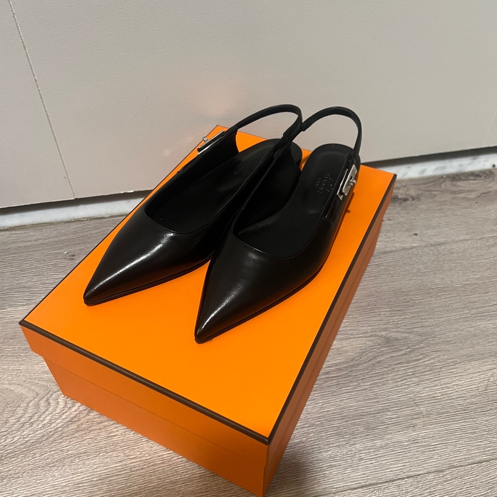 Hermes Black Lovlie Slingbsck Leather Slingback Flats - Picture 10 of 10